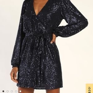 Sparkly Darling Navy Blue Sequin Long Sleeve Wrap Dress